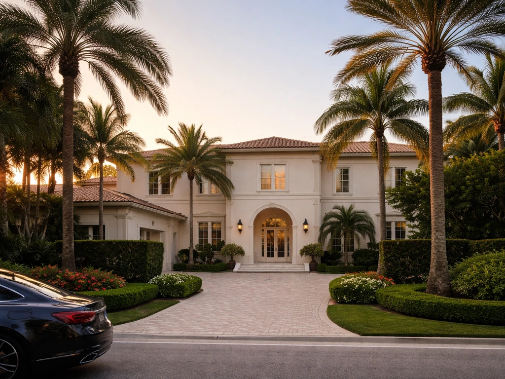 Upscale Palm Beach-style mansion exterior with manicured palms and luxury driveway in warm sunlight