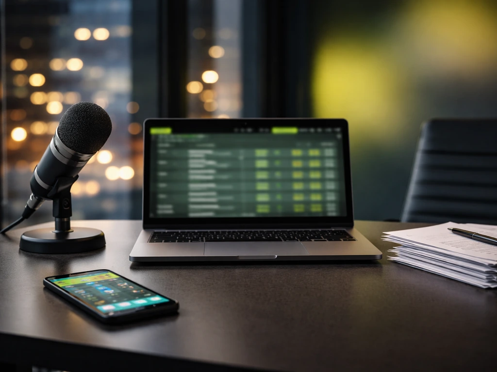 Minimal office desk scene with blurred sports-betting tech and documents suggesting net worth verification.