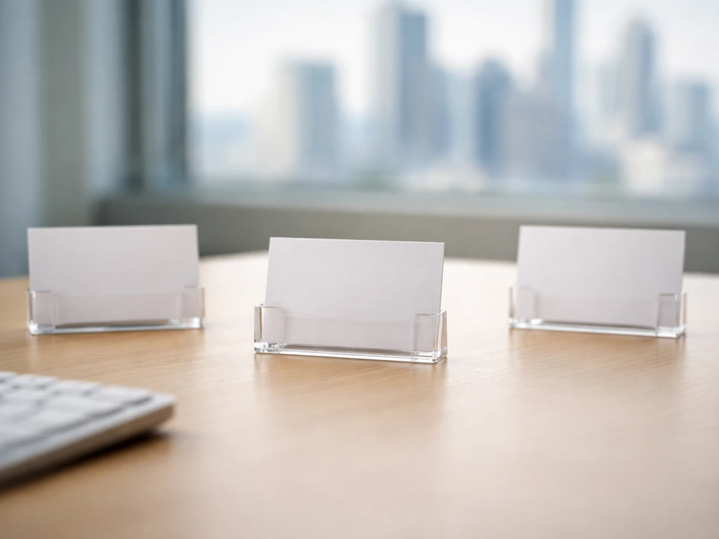 Three blurred business profile cards on a desk with a computer keyboard and soft city light