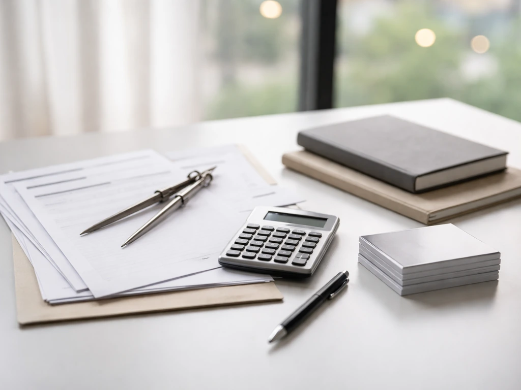 Minimal desk scene with spread documents, a notebook, and a calculator suggesting an outside-in financial estimate.