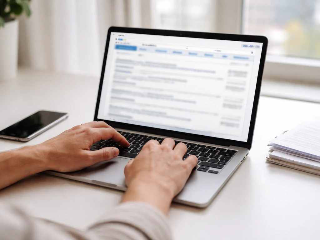 Person reviewing Russian corporate ownership data on a laptop in a quiet office setting.