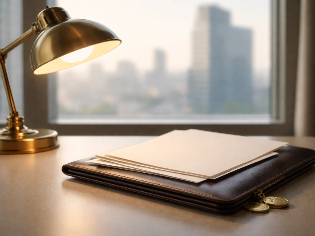 Sunlit desk with blank financial papers, a leather portfolio, and a few gold coins symbolizing net worth.