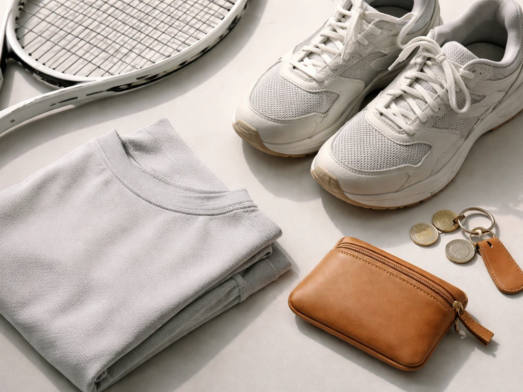 Close-up flat-lay of tennis accessories and a sponsorship-style racket bag with luxury lifestyle details