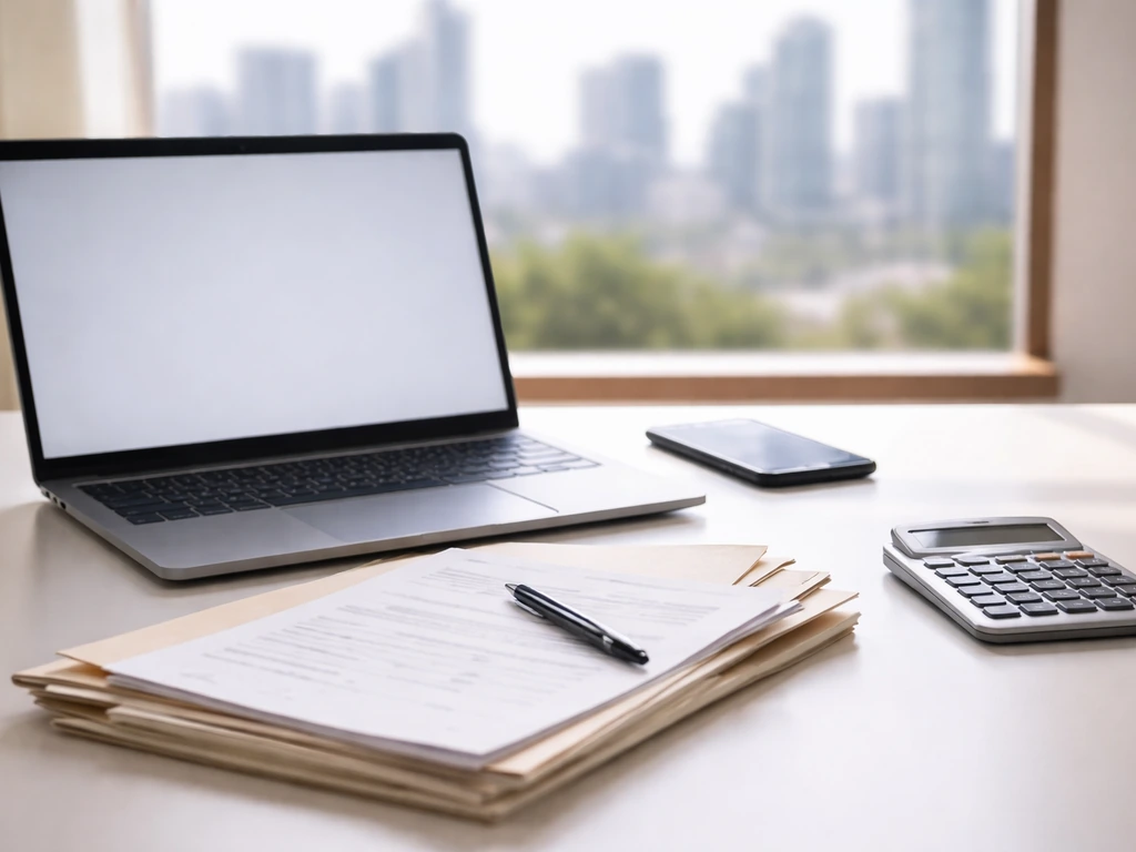 Minimal desk scene with open laptop, phone, documents, and calculator suggesting a verification audit.