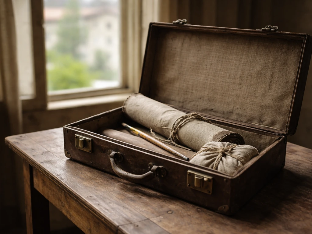 Vintage suitcase with canvas and fabric on a wooden table, soft light and blurred outdoor scenery behind