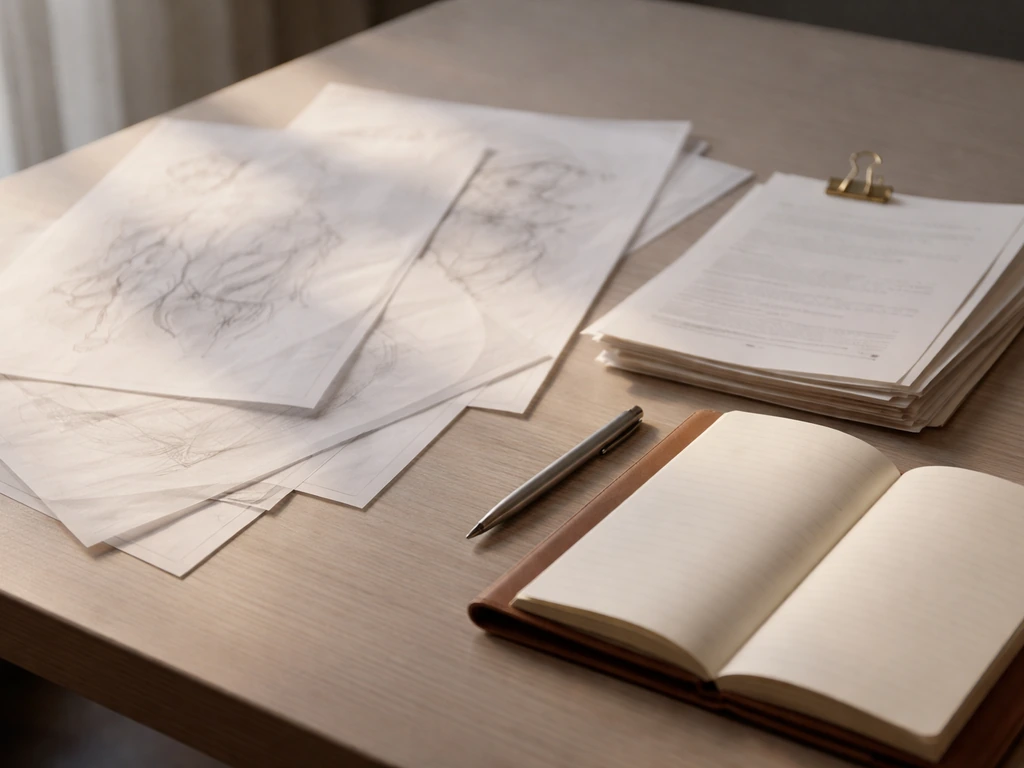 Minimal desk scene with art project preparatory sketches, papers, and a small ledger-like notebook