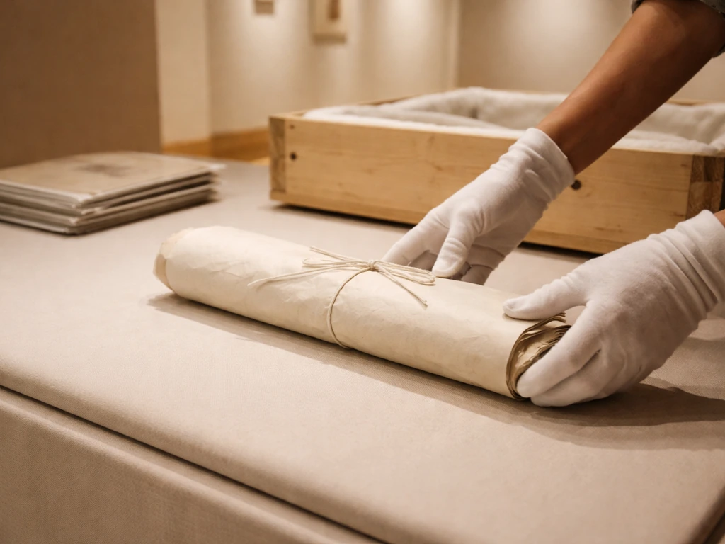White-gloved handlers carefully placing wrapped art drawings for an auction preview in a quiet gallery room.