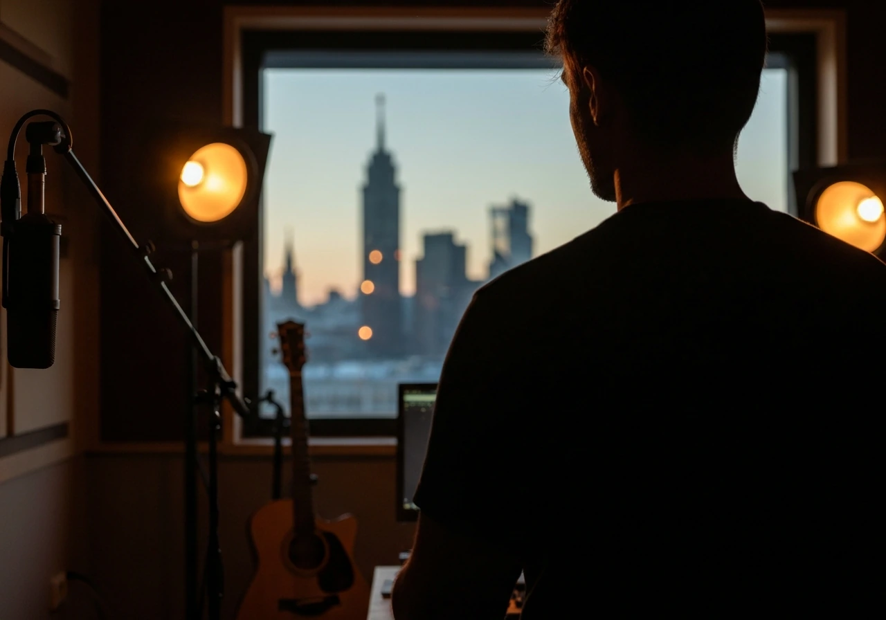 Unidentified musician in a Moscow-themed studio with a microphone and guitar, moody natural light.
