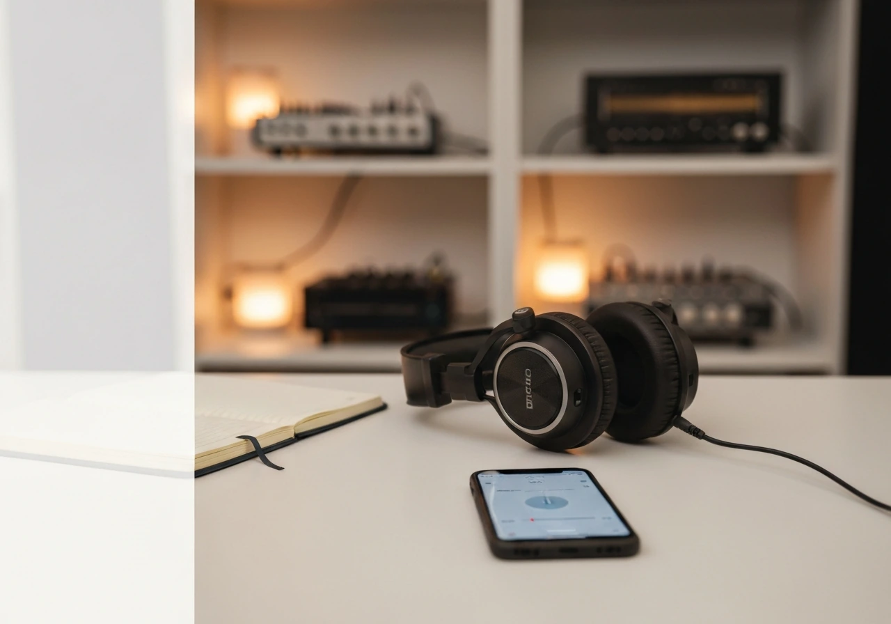 Anonymous studio desk with headphones and phone, minimal setting symbolizing musician wealth breakdown