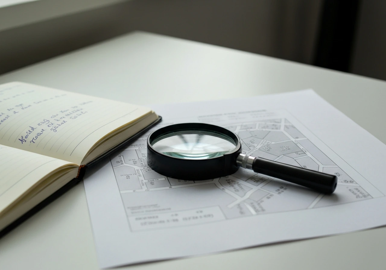 Close-up desk scene with notebook notes and a property record/map printout under a magnifying glass.