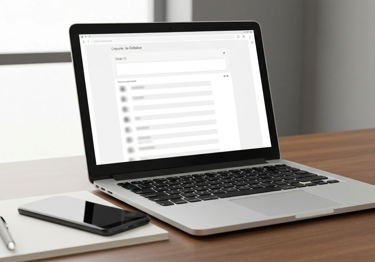 Laptop on desk displaying blurred corporate registry search results workflow, no readable text.