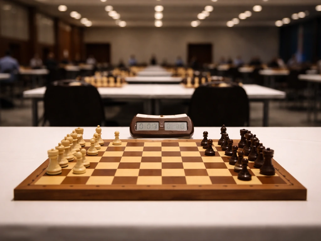 Empty chess tournament hall with a lone chess clock on a table, suggesting competitive prize money.