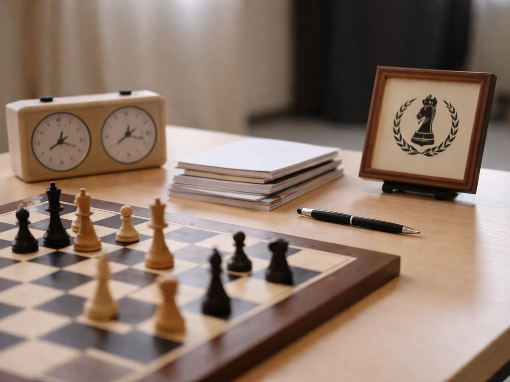 Close-up of a chess coaching table with an open board, coaching materials, and a foundation emblem stand.
