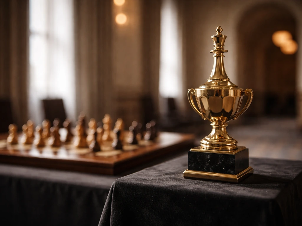 Chess-themed trophy moment in a quiet awards hall, symbolizing a major championship wealth milestone.