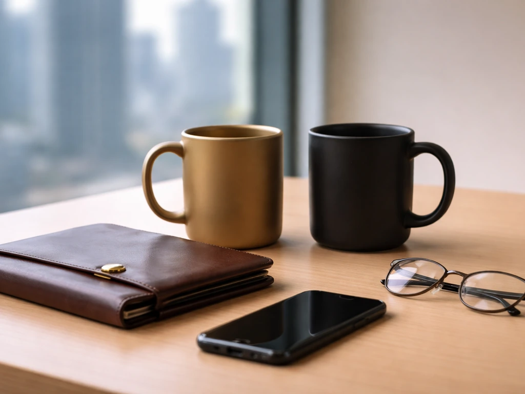 Minimal office desk scene with leather portfolio, phone, glasses, and soft city backdrop suggesting wealth comparison.