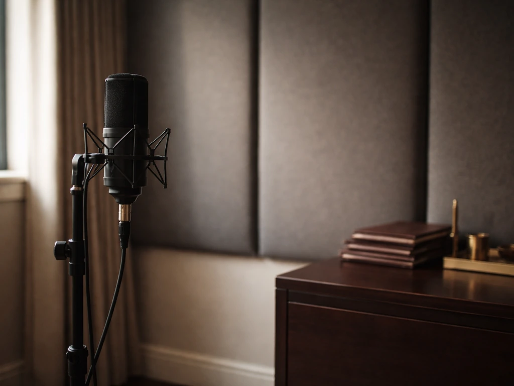 Minimal music studio scene with a professional microphone and subtle wealth cues in a luxury office setting