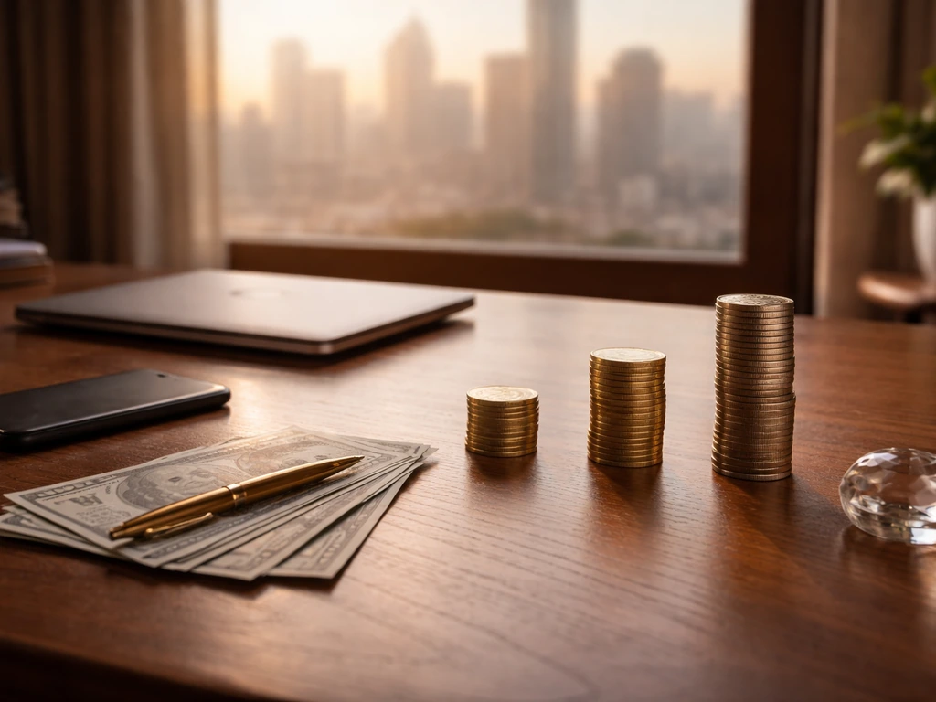Minimal home office desk with three coin stacks and money, symbolizing low, base, and high net worth ranges.