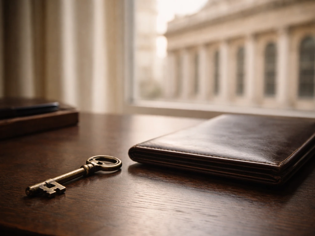 An elegant desk with a vintage brass key, bank building backdrop, and shallow depth of field