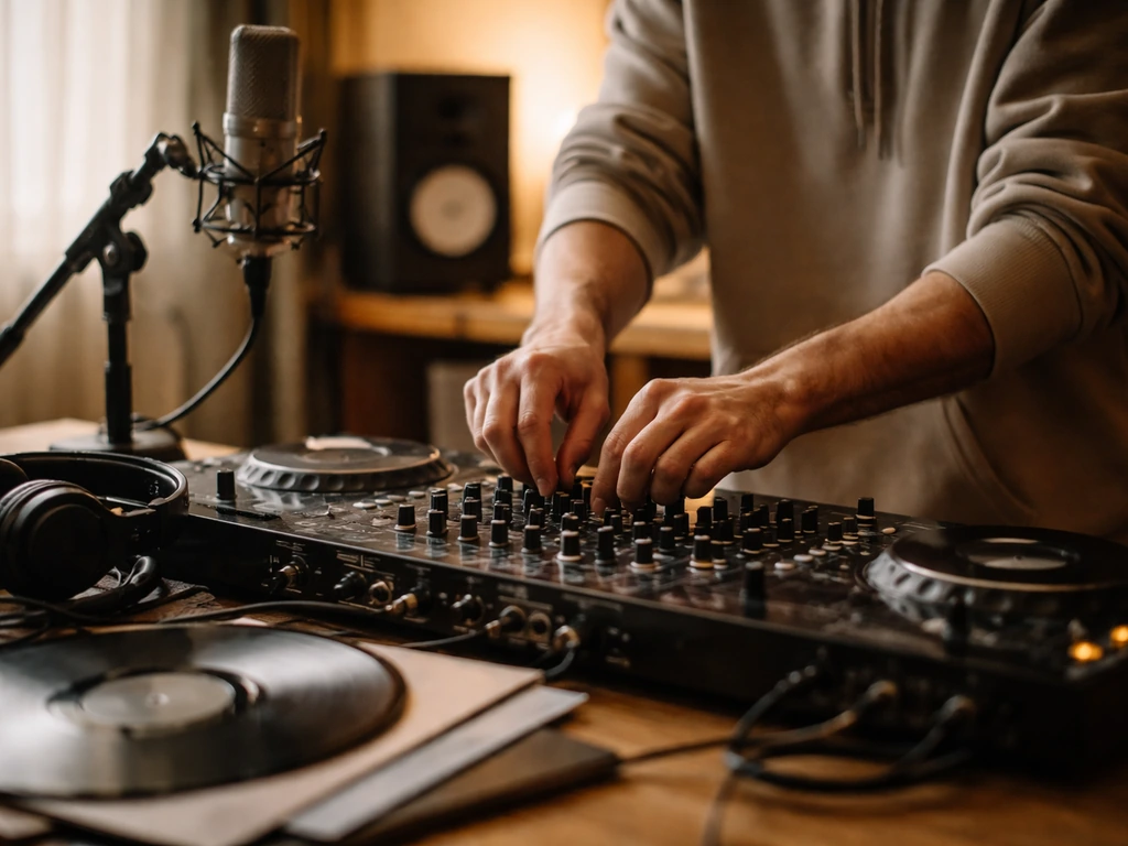A DJ mixing desk with vinyl records and a microphone in a quiet studio, representing music and brand-driven income.