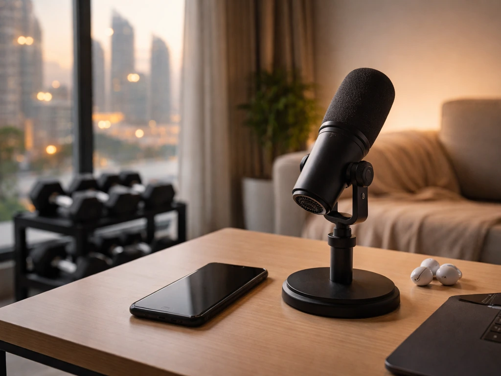 Unbranded microphone and dumbbells on a desk by a Dubai window, symbolizing a fitness creator’s public persona