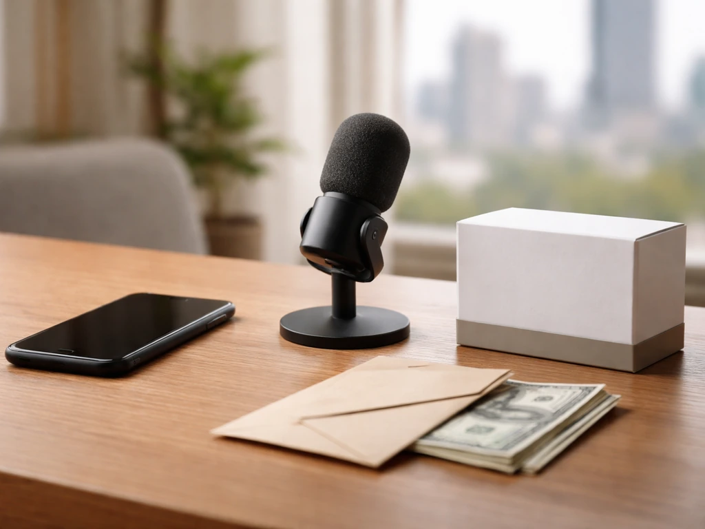 Minimal desk scene with smartphone, microphone, and neatly arranged cash-like props symbolizing multiple income streams