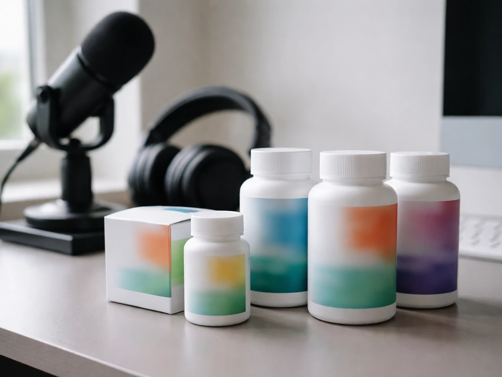 Arriba Nutrition supplement brand items on a clean desk beside a microphone, symbolizing ownership and business equity.