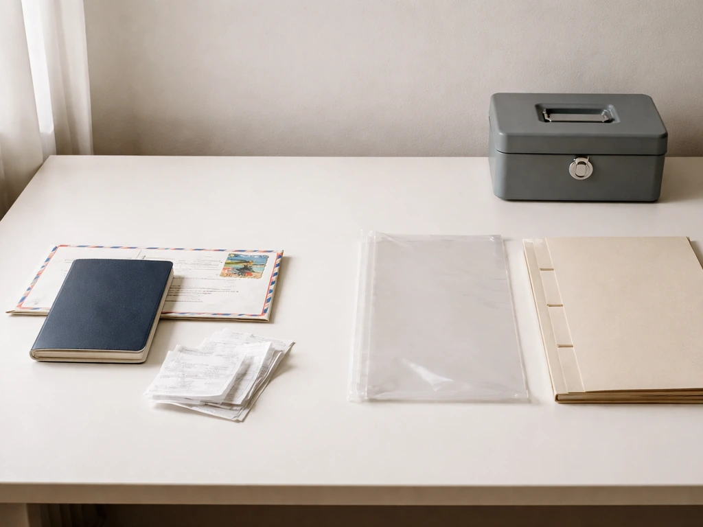 Minimal desk scene with travel documents and receipts beside blank folders and a locked cash box.