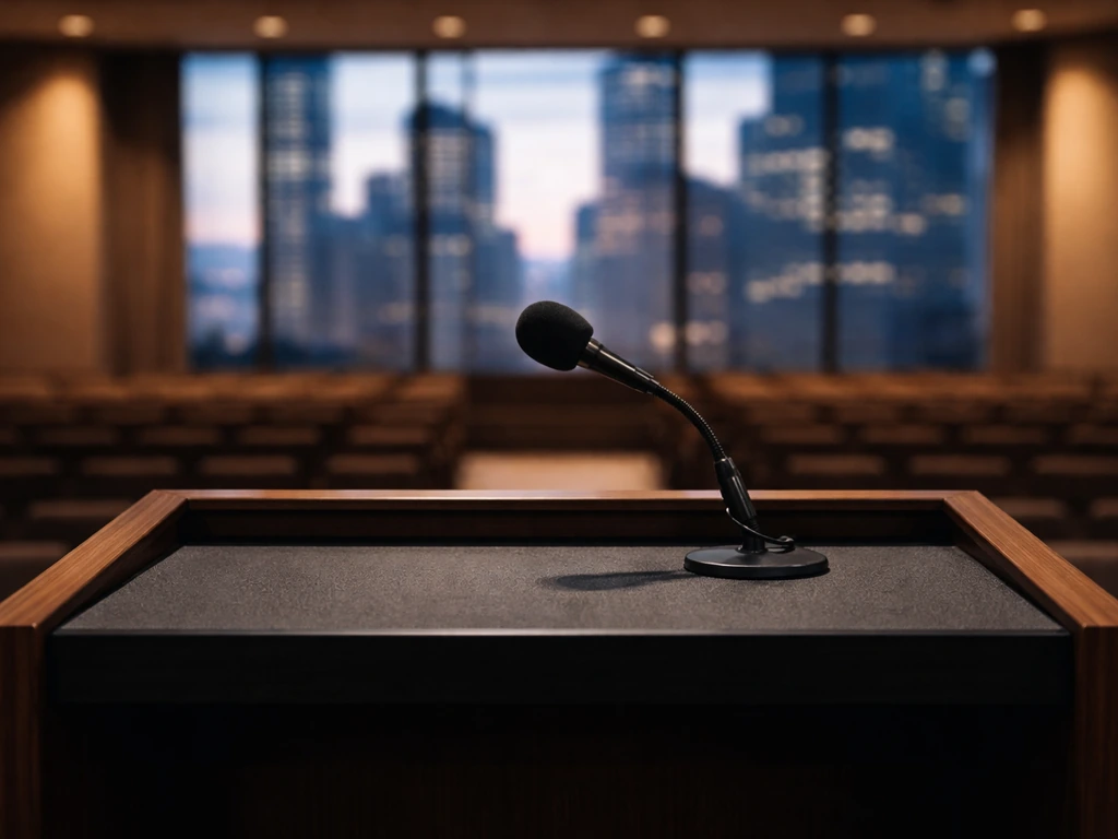Empty podium in a modern hall with soft city lights, symbolizing a public political figure and financial inquiry.