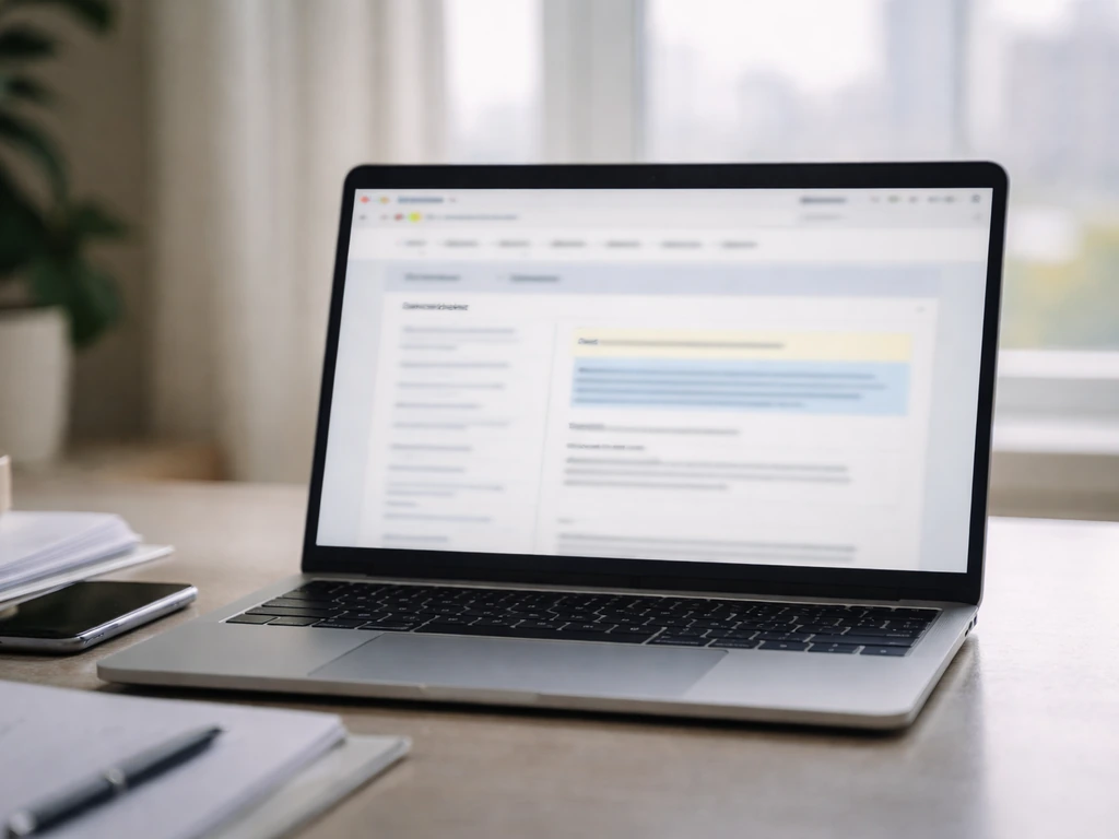Minimal photo of an office desk with a laptop showing a blurred website section and highlighted income declaration area.