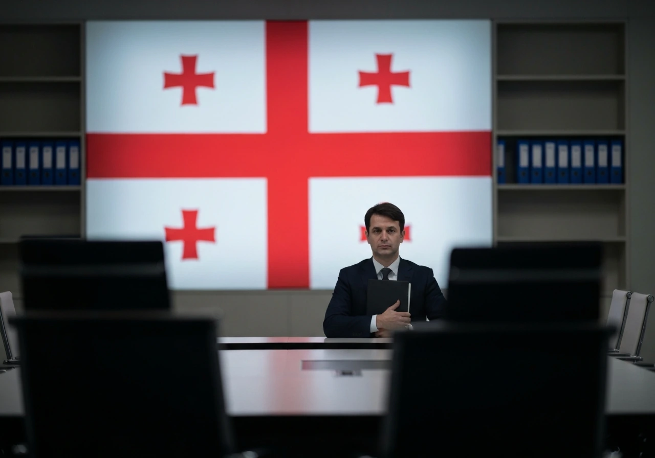 Anonymous suited figure in a minimal Georgian political office with Georgian-flag tones in the background.