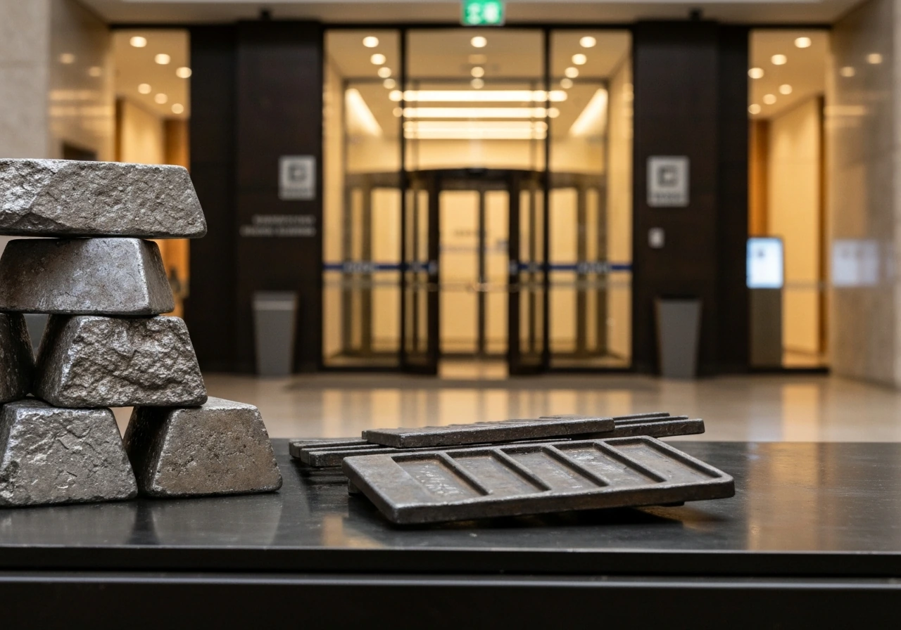 Close-up of industrial metal ingot beside a quiet bank lobby entrance and warm safe lighting