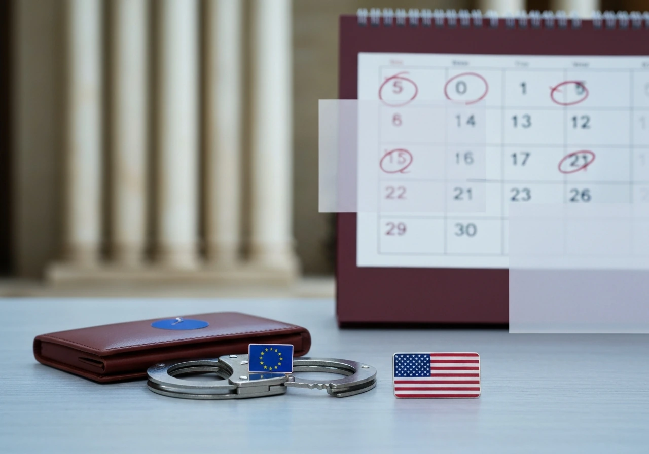Minimal desk with handcuffs, EU/US tokens, and a blurred courthouse background suggesting sanctions and legal action.