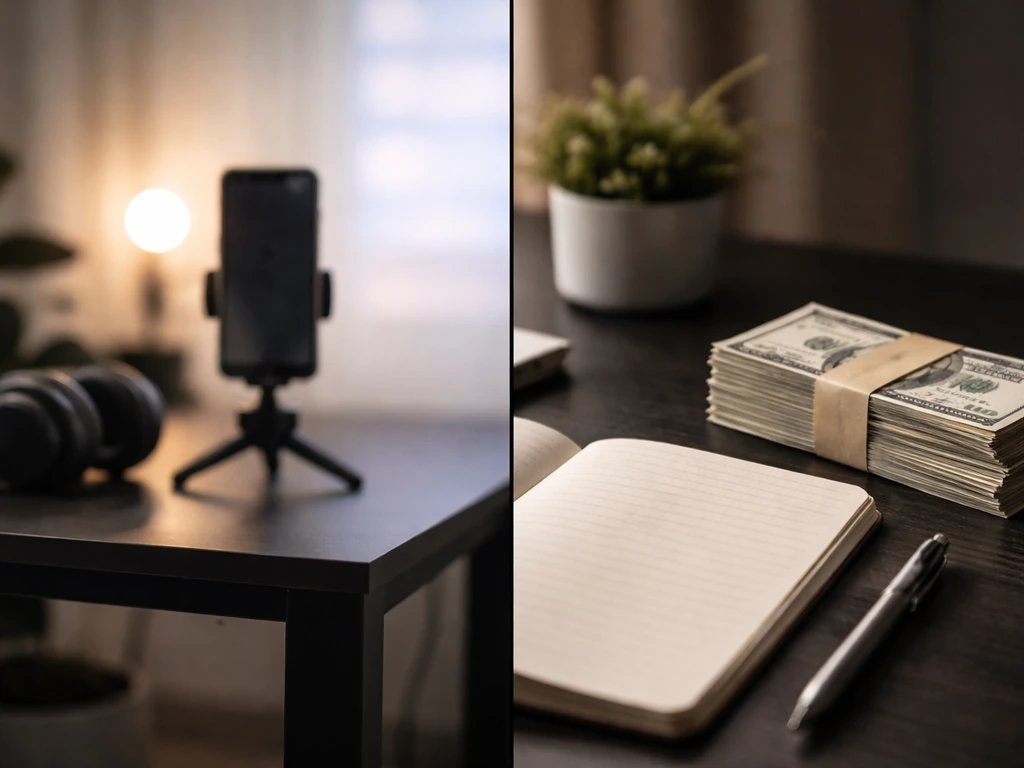 Minimal split scene showing a smartphone studio desk on one side and blank ledger and cash on the other