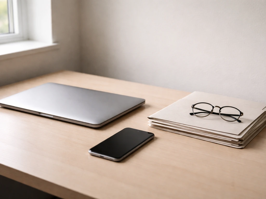 Minimal desk scene with laptop, phone, and blank folders suggesting sorting between similar identities.