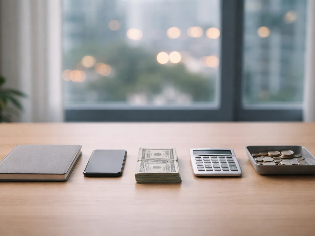 Minimal desk scene with cash, calculator, coins, and notebook symbolizing a net worth estimate breakdown