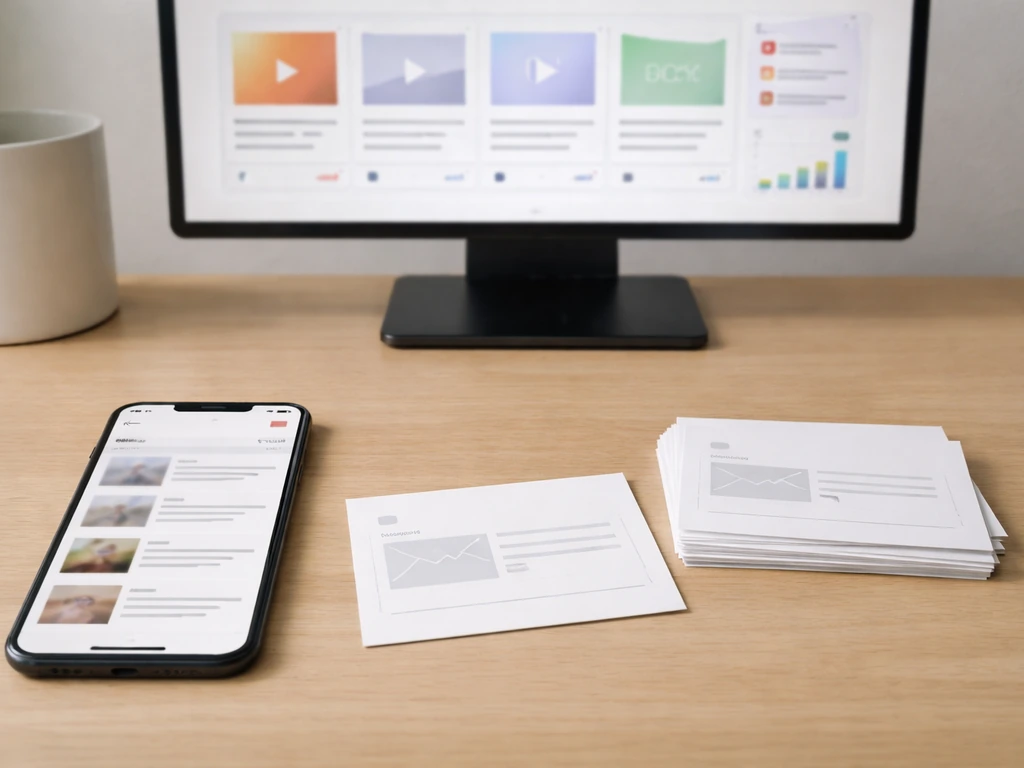 Minimal desk scene with generic sponsored post cards and a YouTube-style earnings thumbnail panel.