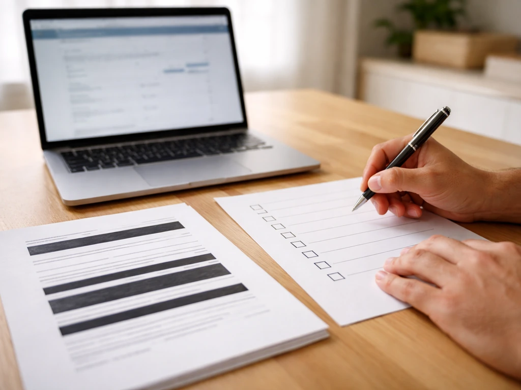 Close-up of a desk with a laptop showing a business registry-style lookup and a checklist beside documents.