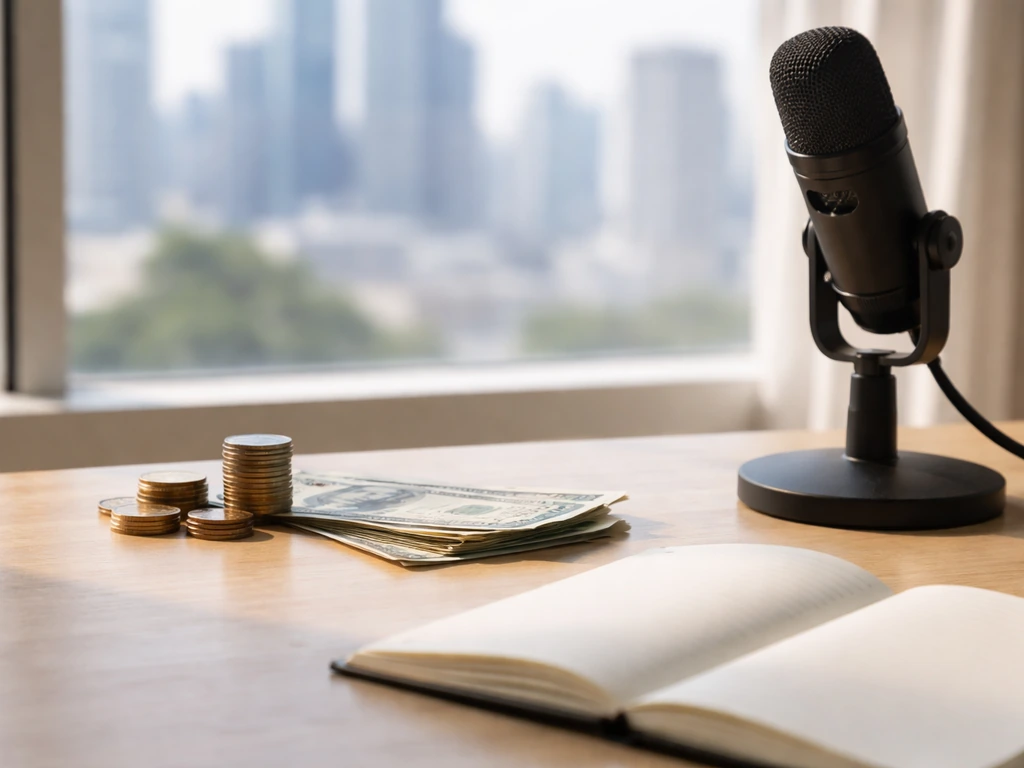 Minimal desk scene with scattered cash, coin stack, and a studio microphone suggesting varied net-worth estimates.