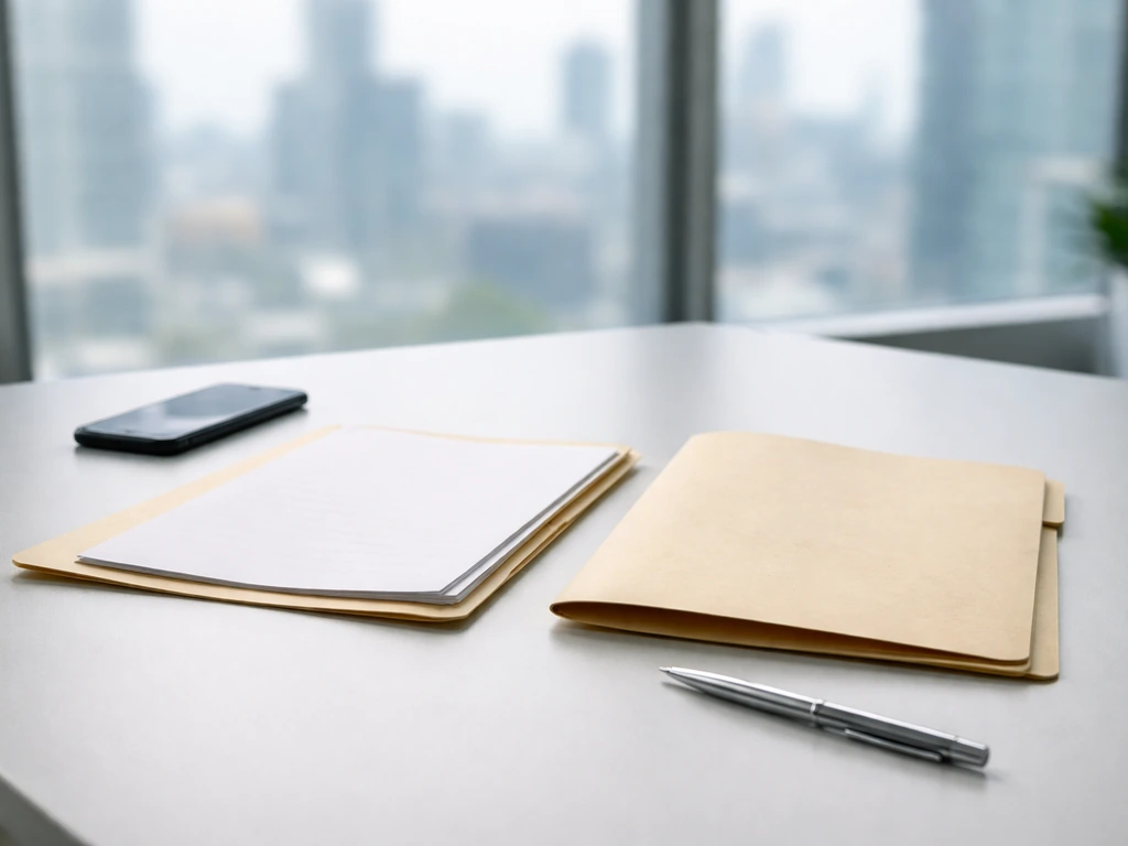 Minimal office desk with two contrasting folders and a blurred city skyline, suggesting verified vs inferred evidence