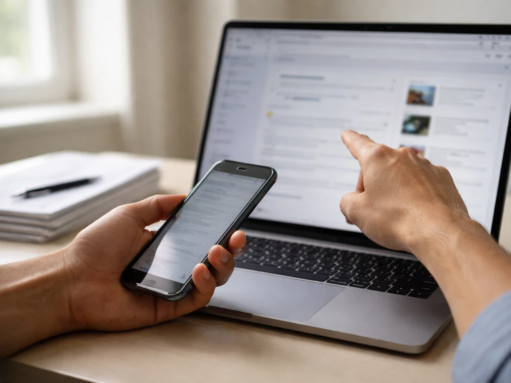 Close-up of hands on laptop showing blurred finance and analytics pages beside scattered documents