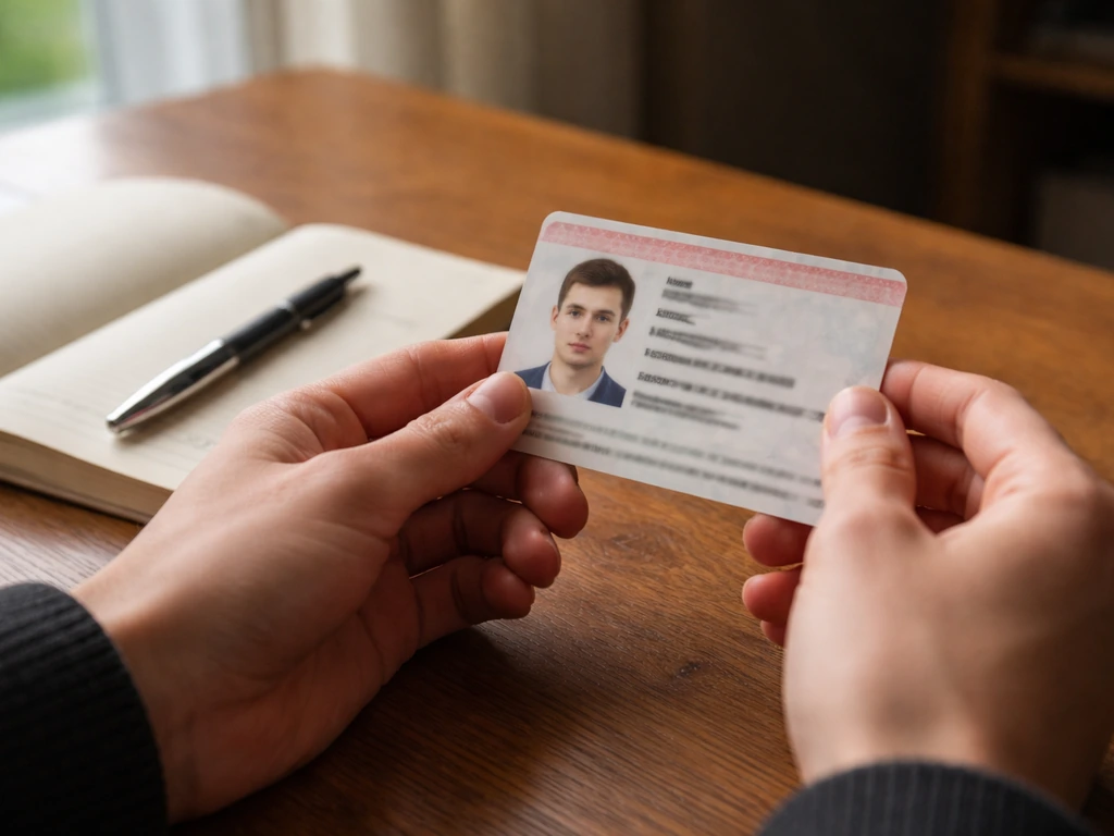Hands on a desk holding an ID card and pen, suggesting Russian name order and patronymic matching.