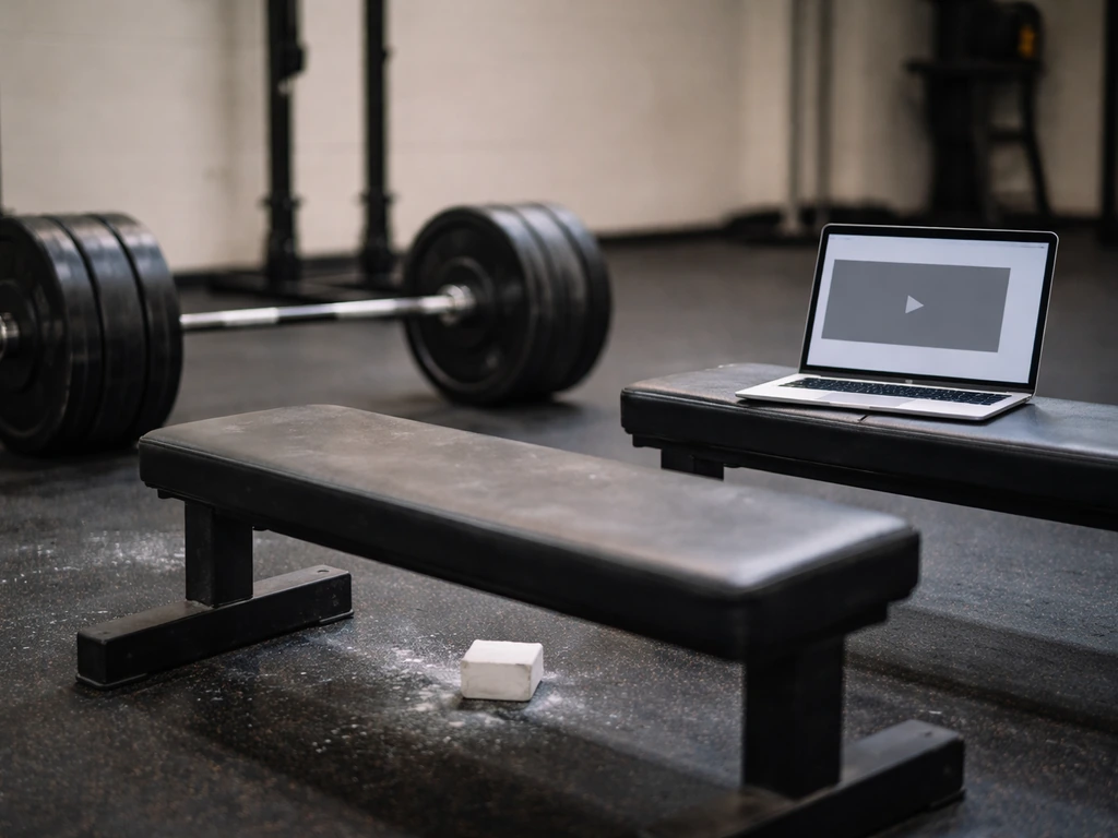 Anonymous gym scene with powerlifting weights and a laptop, symbolizing fitness success and media-driven income