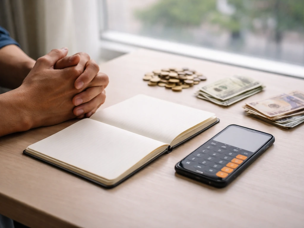 Anonymous office desk with smartphone and scattered currency, suggesting differing money figures from various sources