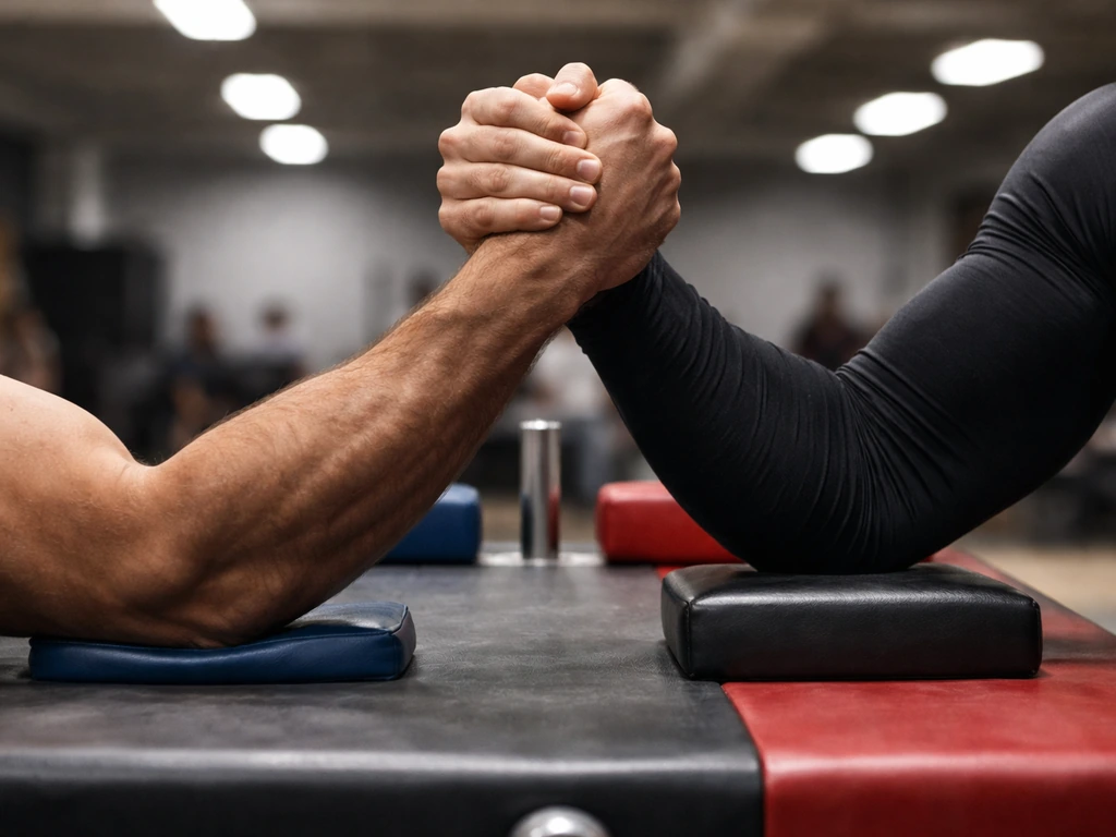 Anonymous arm-wrestling grip at a quiet gym arena, focused on hands and forearms, no faces visible.