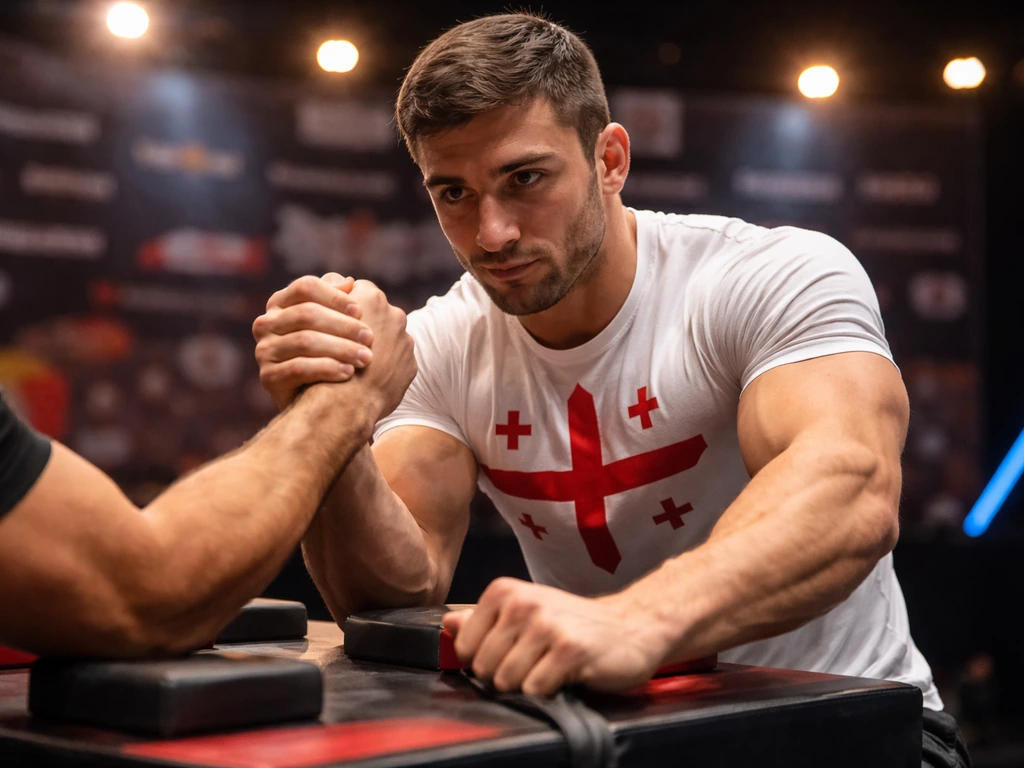 Anonymous pro arm wrestler gripping at a tournament table with a blurred sponsor-style event backdrop behind.