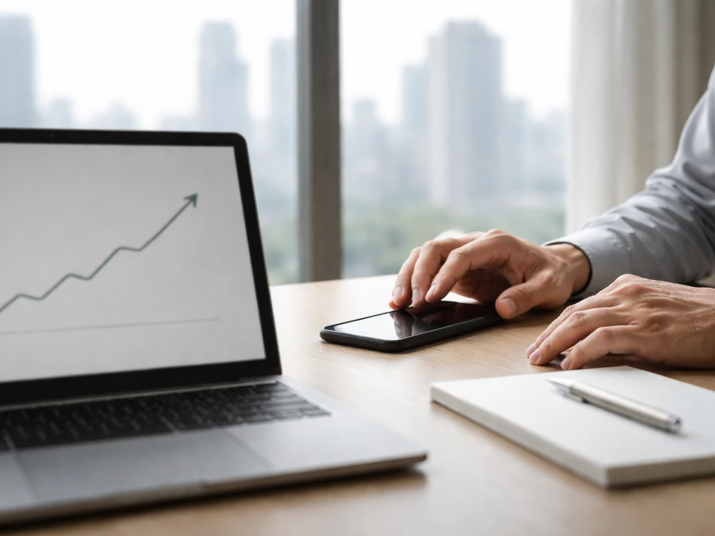 Hands beside a laptop showing a simple upward trend line on a blank screen, indicating net worth over time.