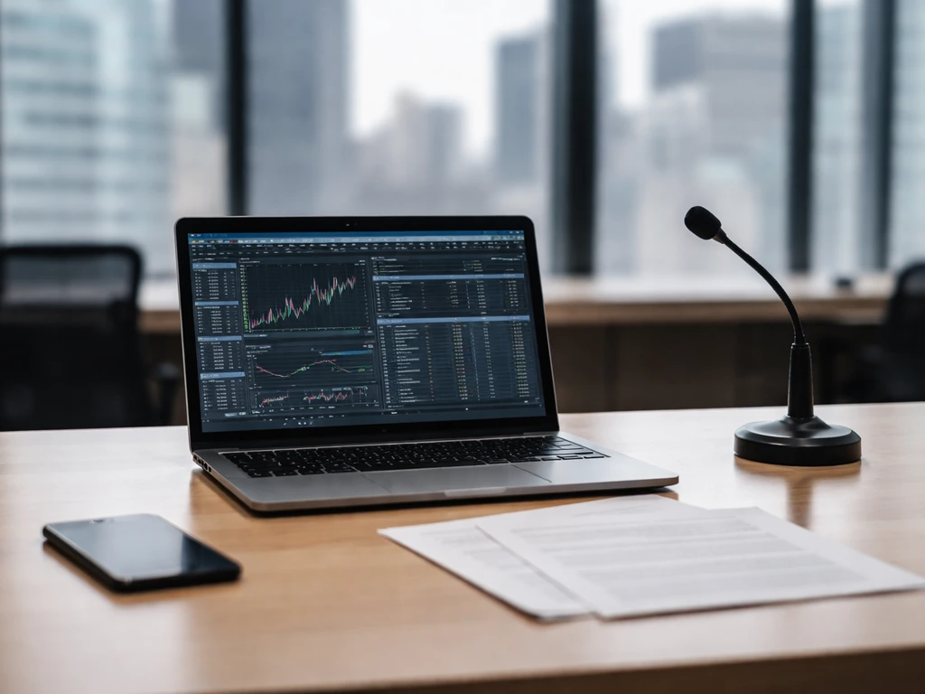 Anonymous institutional trading desk with laptop and documents in a bank office setting.