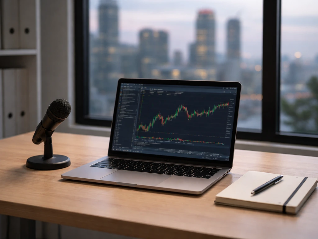 Anonymous desk with laptop and microphone suggesting a trading education subscription business