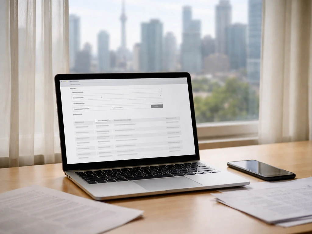Minimal desk scene with a laptop showing a blurred land-registry search page concept.