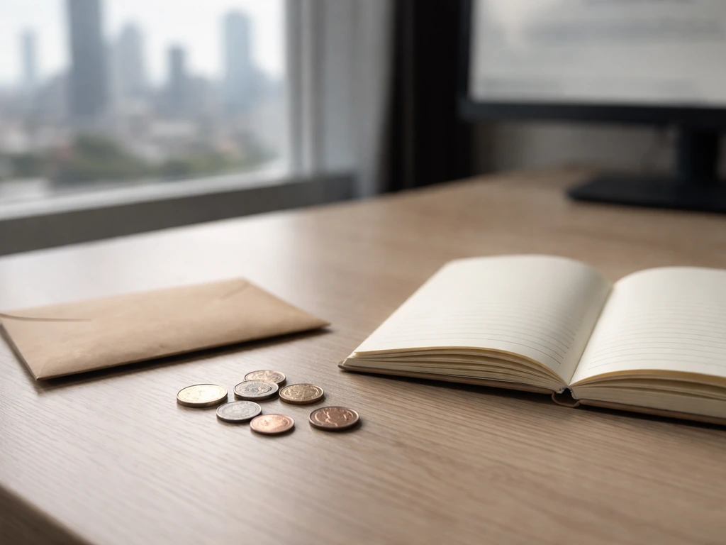 Minimal desk scene with a small envelope and scattered coins symbolizing a net-worth estimate range.